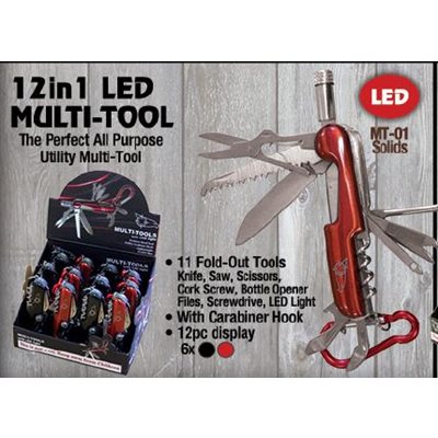 12-1 Multi-Tool with LED light, 6 blk, 6 red per 12 ct. dsp
